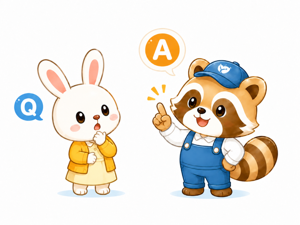 窓用エアコンクリーニングのよくある質問を案内する動物キャラクター