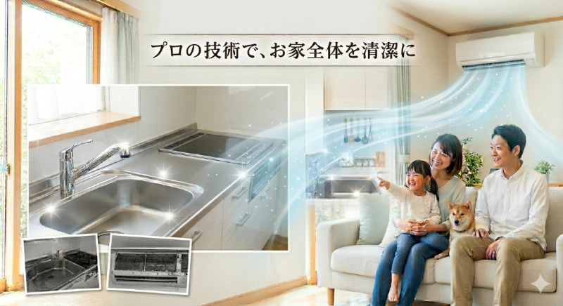 プロの技術で、お家全体を清潔に(キッチンとエアコンのクリーニングのイメージ)