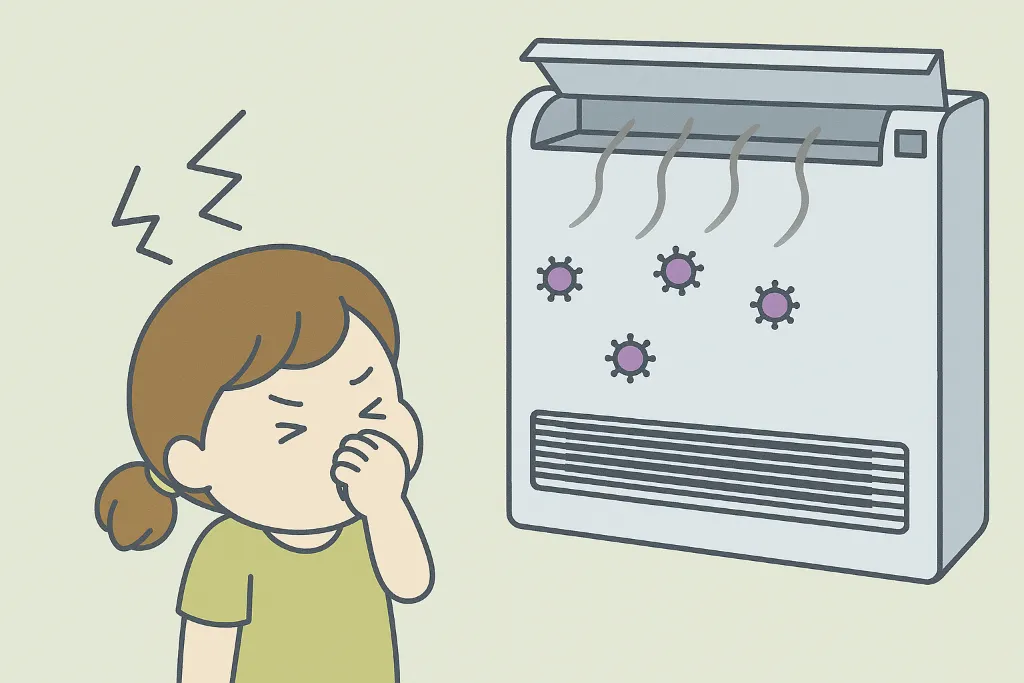 床置きエアコンのニオイに困る様子（イラスト）