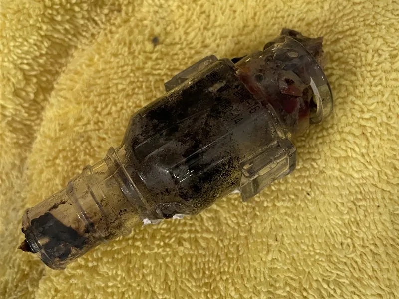 中が黒い汚れでいっぱいになった透明の防虫弁